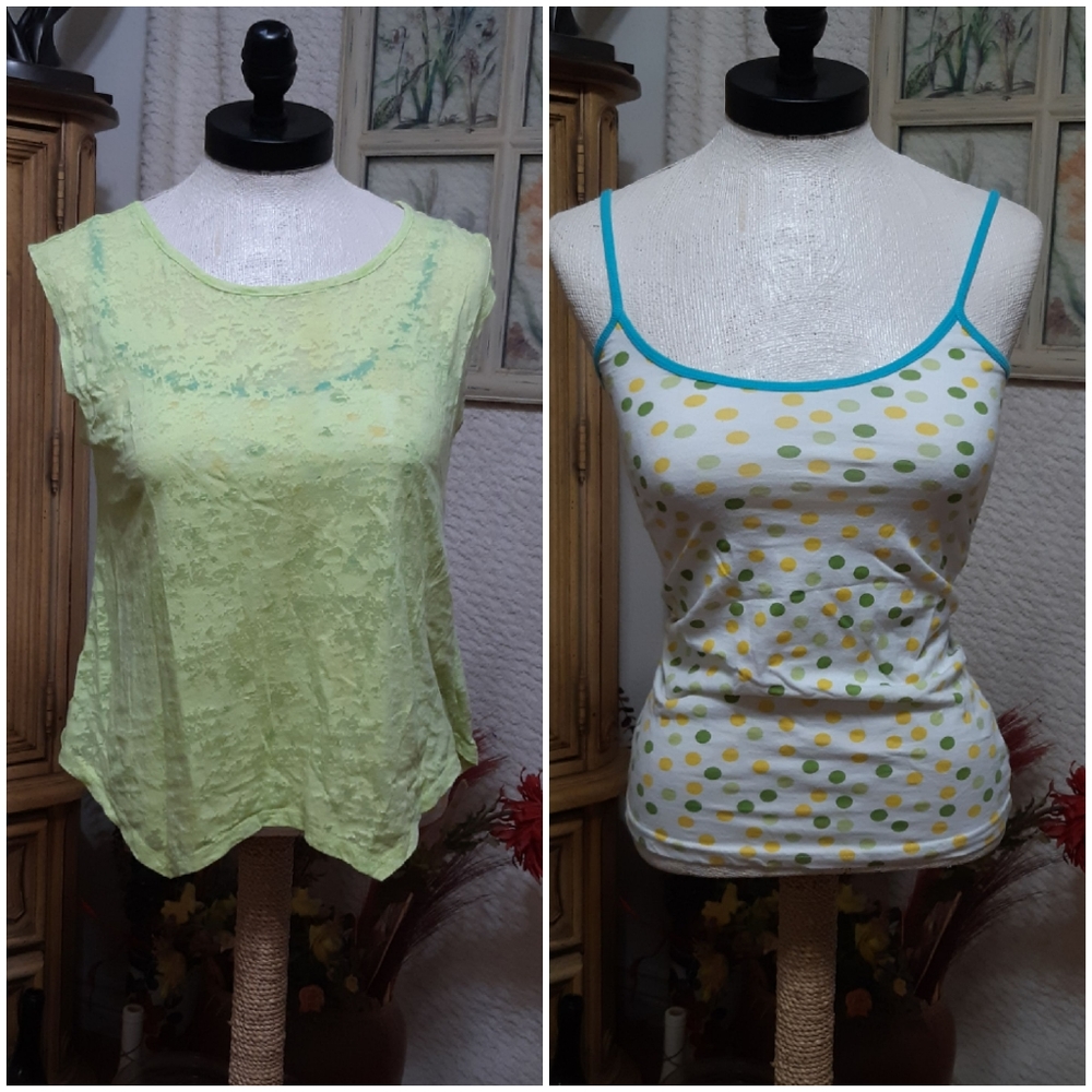 Womens Tanks 2 Polkadot Sz Small Duo Shirt top pack Cotton Green Blue